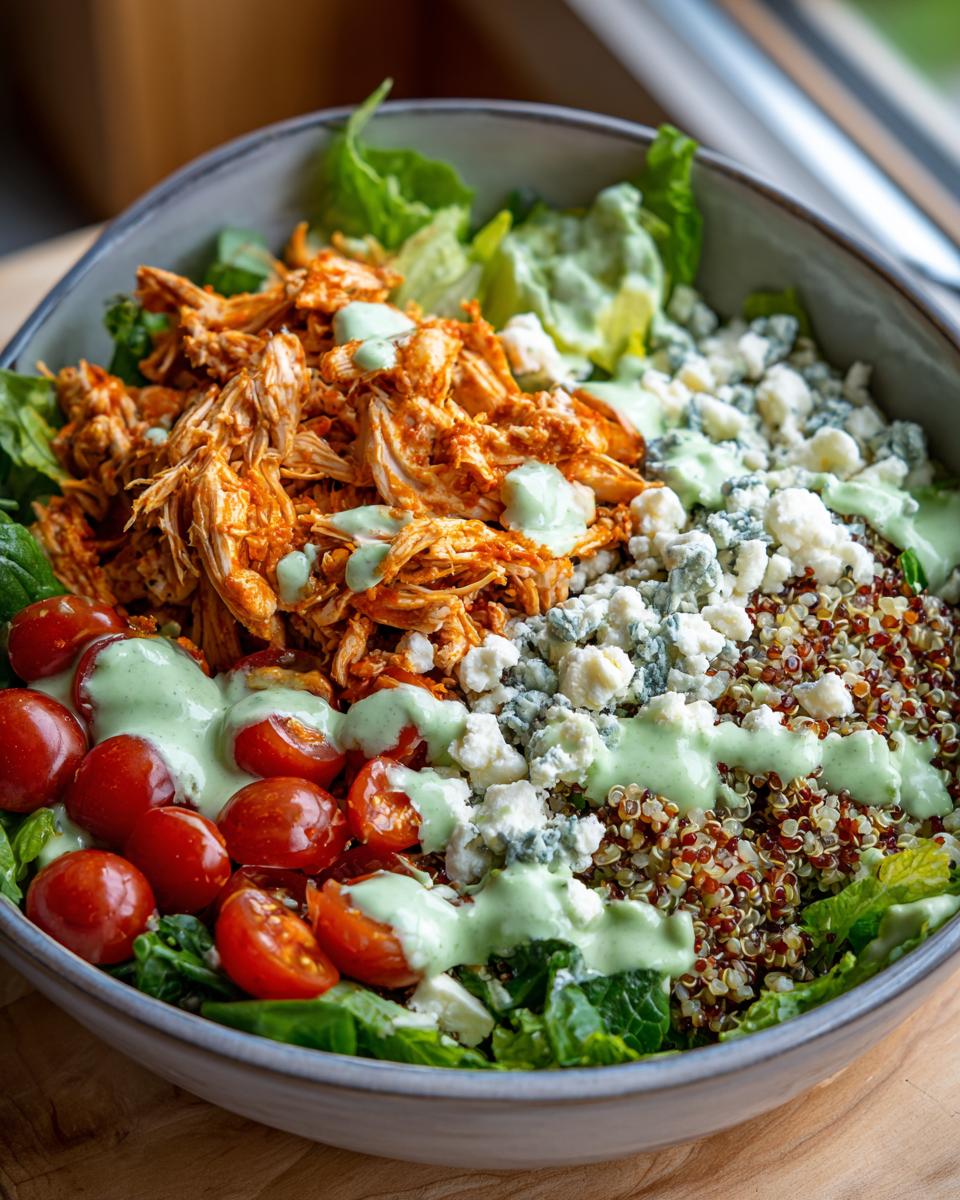 A delicious Easy Green Goddess Buffalo Chicken Bowl with shredded chicken, quinoa, tomatoes, blue cheese, and dressing.