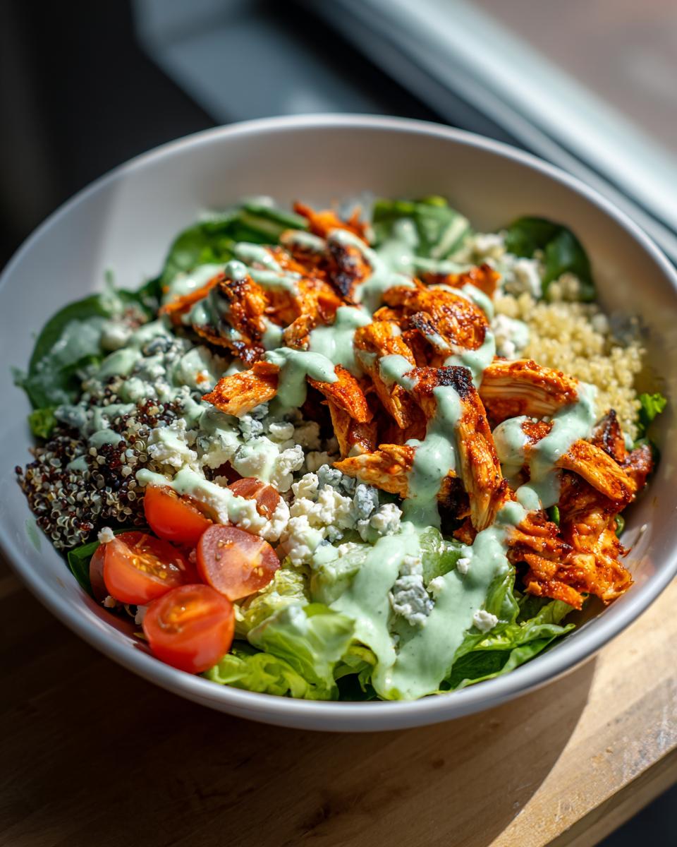 A vibrant Easy Green Goddess Buffalo Chicken Bowl with shredded buffalo chicken, quinoa, blue cheese, cherry tomatoes, and a drizzle of green goddess dressing.