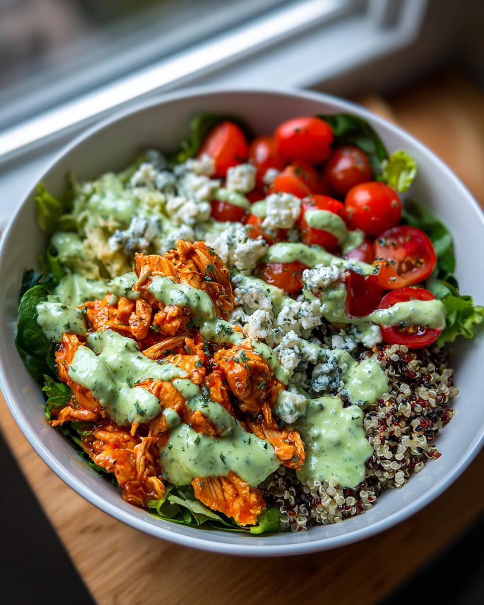 A vibrant Easy Green Goddess Buffalo Chicken Bowl with shredded chicken, quinoa, cherry tomatoes, blue cheese, and avocado dressing.