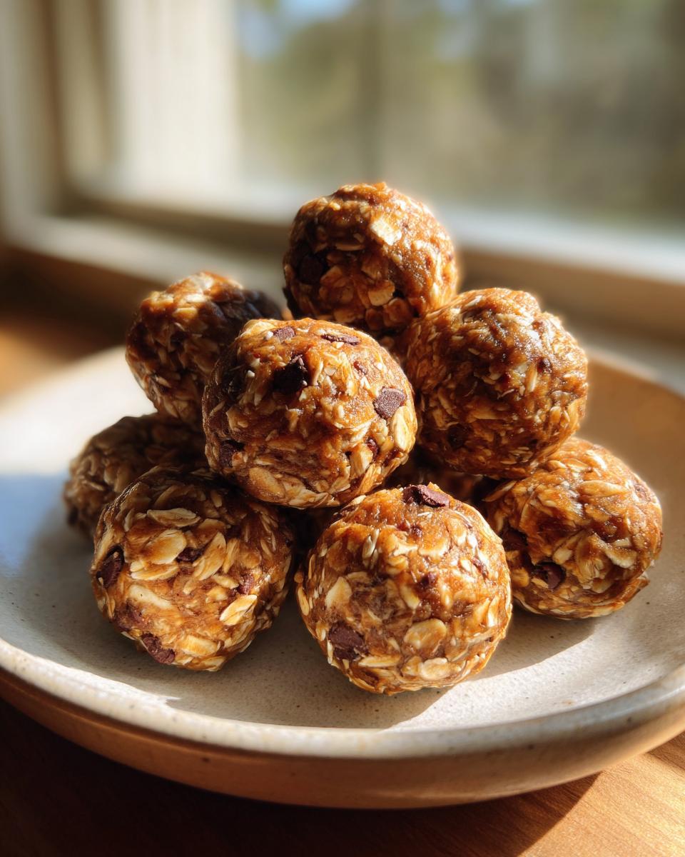 A stack of Easy Healthy Peanut Butter No Bake Energy Bites made with oats and chocolate chips on a light-colored plate.