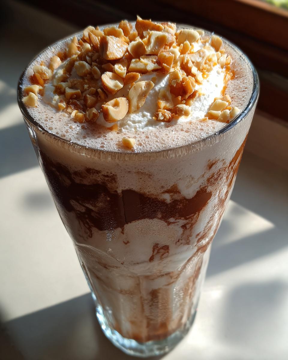 Close-up of an Easy Peanut Butter Chunky Monkey Milkshake topped with whipped cream and chopped peanuts.