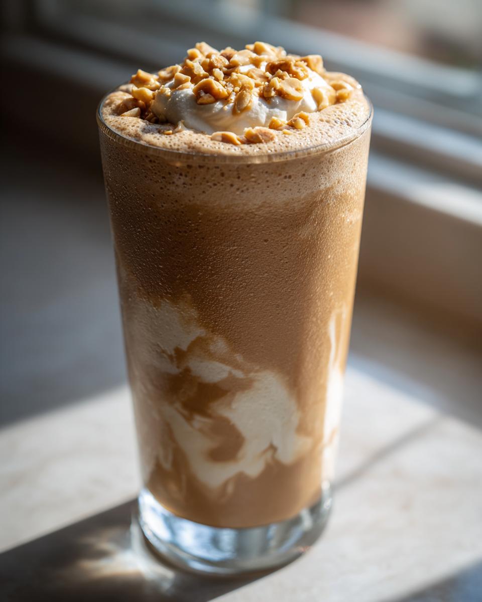 A tall glass of Easy Peanut Butter Chunky Monkey Milkshake with whipped cream and chopped peanuts on top.