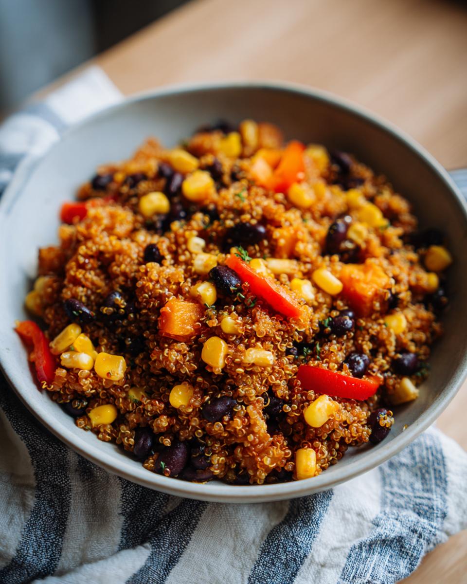 A close-up of a bowl filled with Easy Spicy Veggie Quinoa Skillet, featuring quinoa, black beans, corn, and red bell peppers.