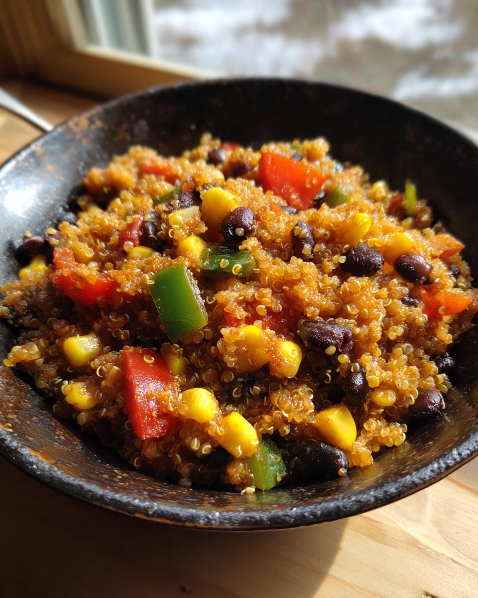 A close-up of a bowl filled with Easy Spicy Veggie Quinoa Skillet, featuring quinoa, black beans, corn, and diced peppers.