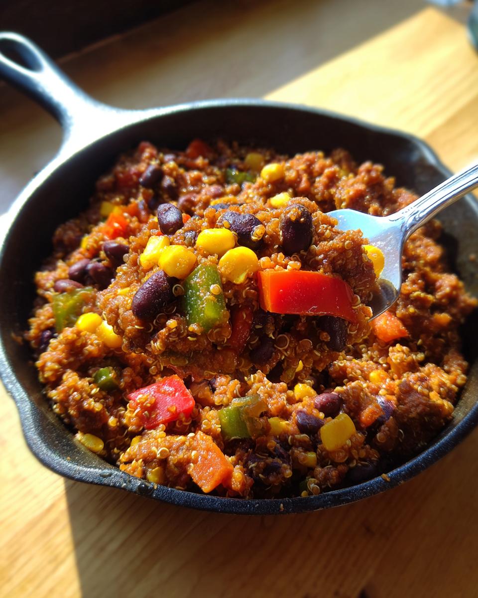 A spoonful of Easy Spicy Veggie Quinoa Skillet with black beans, corn, and bell peppers.