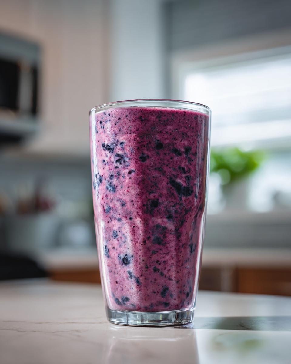 A tall glass filled with a vibrant purple Easy Spinach Blueberry Smoothie, showing visible blueberry pieces.