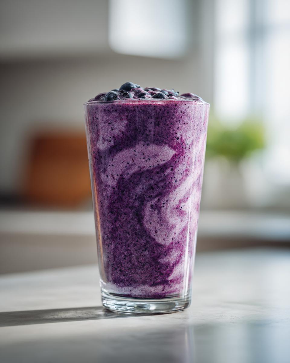 A tall glass filled with a vibrant purple Easy Spinach Blueberry Smoothie, topped with fresh blueberries.