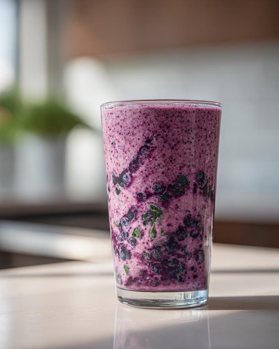 A tall glass filled with a vibrant purple Easy Spinach Blueberry Smoothie, showing visible blueberries and spinach flecks.