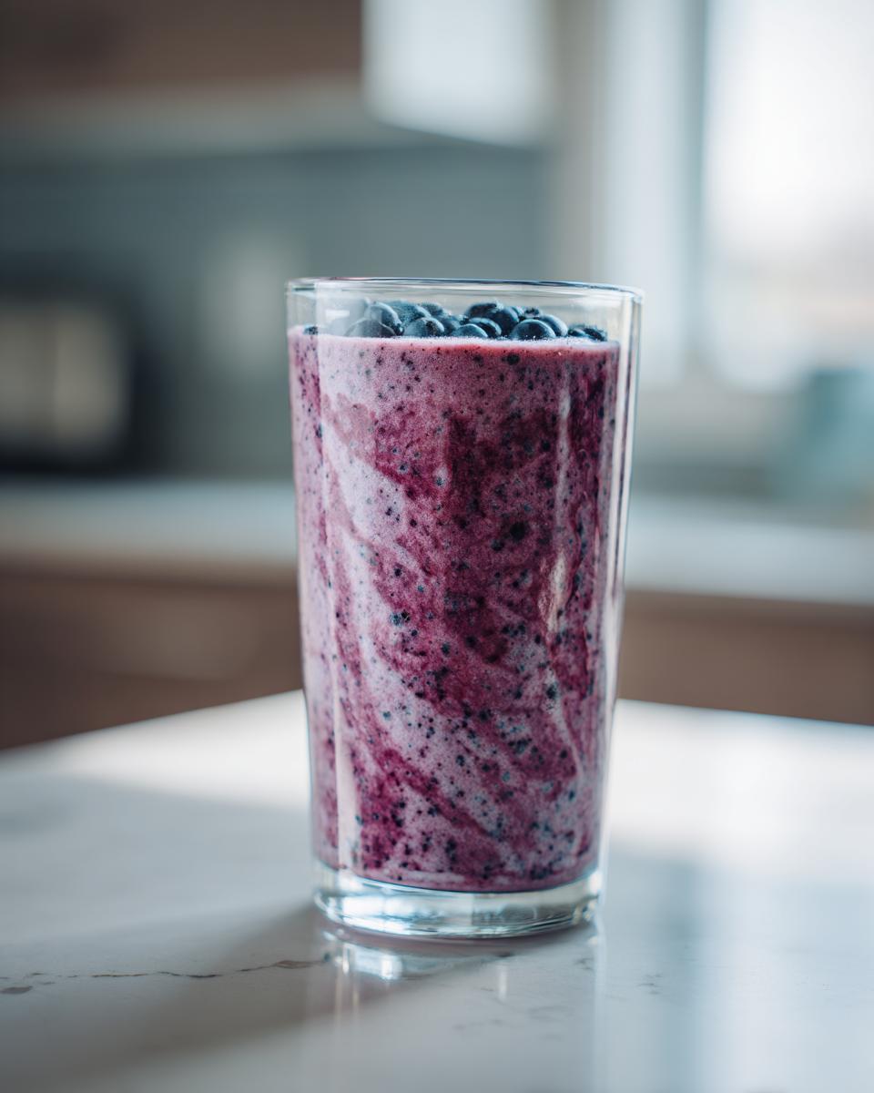 A tall glass filled with a vibrant purple Easy Spinach Blueberry Smoothie, topped with fresh blueberries.