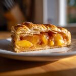 Close-up of a flaky slice of Easy Summer Apple Peach Galette showing caramelized fruit filling.