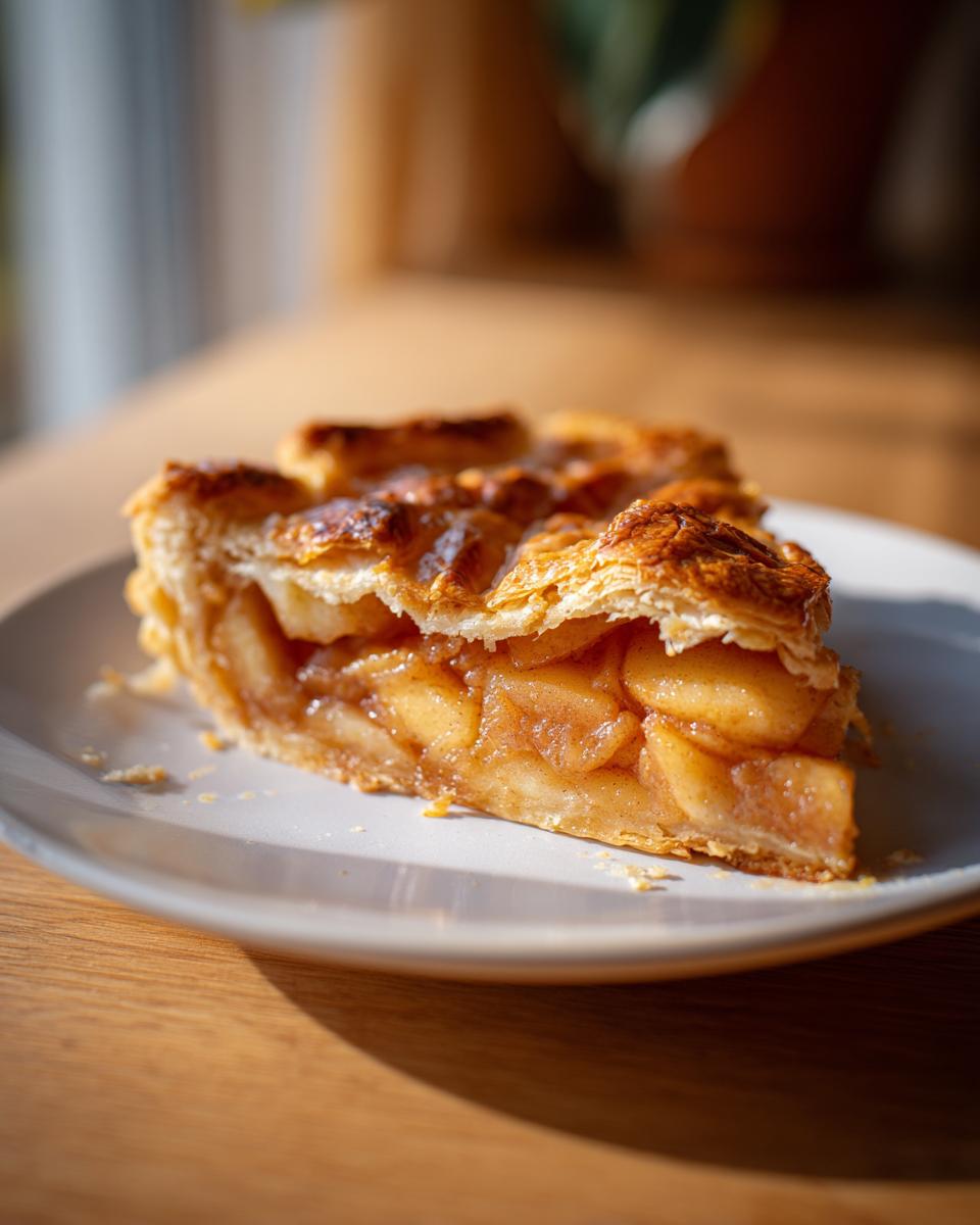 Close-up of a slice of Easy Summer Apple Peach Galette showing flaky puff pastry and cinnamon-spiced apple filling.