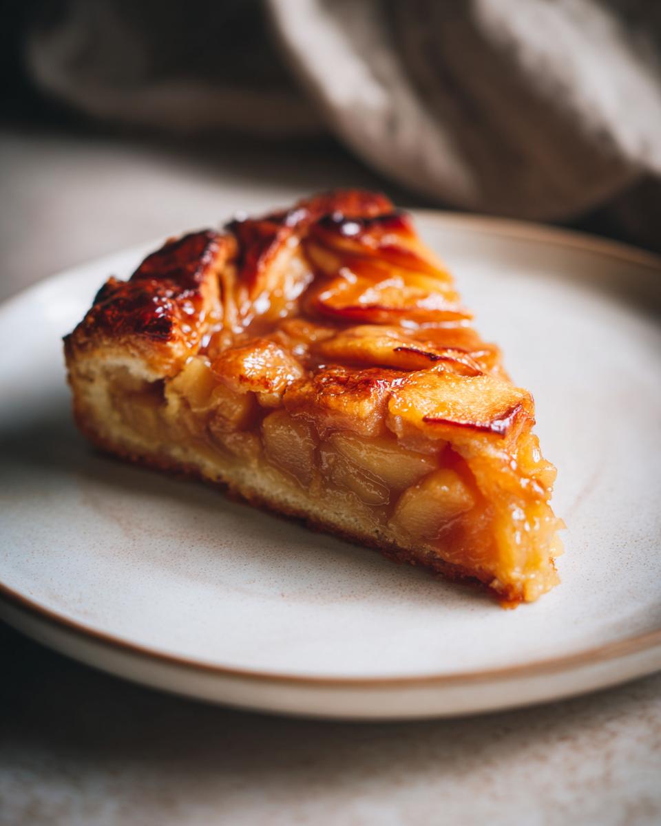 A close-up of a glistening slice of Easy Summer Apple Peach Galette showing caramelized fruit filling and flaky crust.