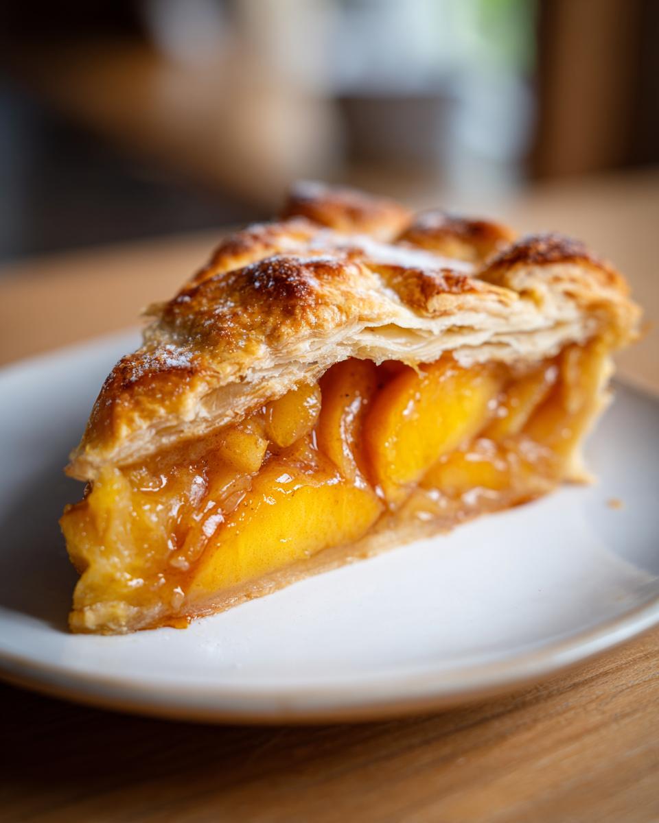 Close-up of a slice of Easy Summer Apple Peach Galette showing flaky crust and bright yellow peach filling.