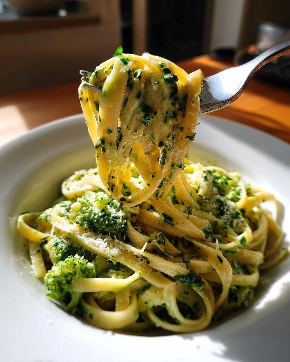 A fork lifting fettuccine coated in creamy sauce and broccoli from a bowl of Easy Vegan Broccoli Alfredo Pasta.