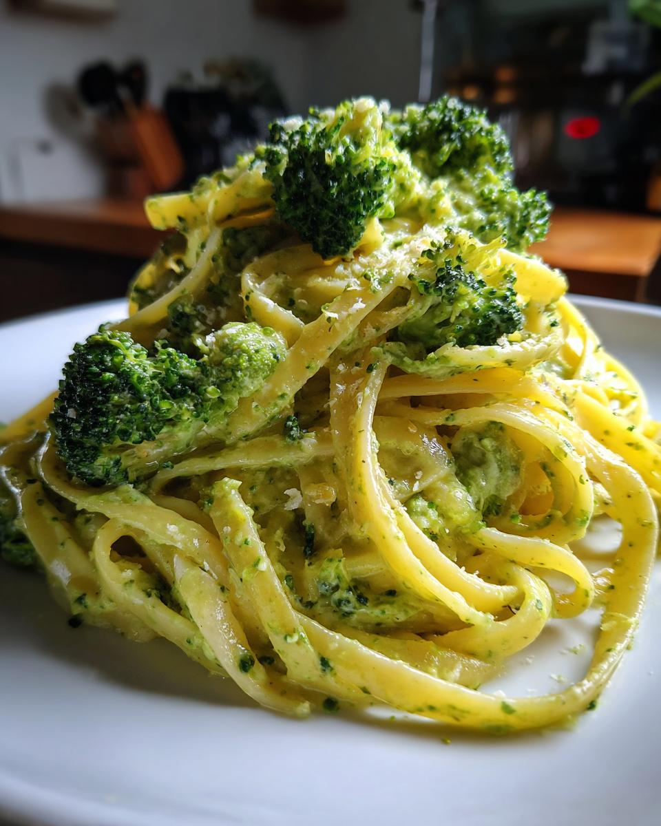 A close-up of a generous serving of Easy Vegan Broccoli Alfredo Pasta with fettuccine noodles coated in creamy green sauce and topped with fresh broccoli florets.