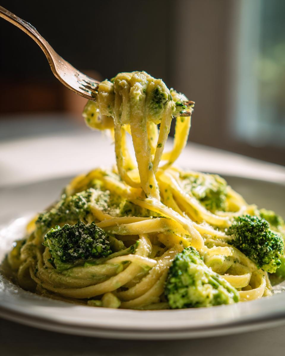 A fork lifting creamy fettuccine noodles coated in sauce and broccoli from a plate of Easy Vegan Broccoli Alfredo Pasta.