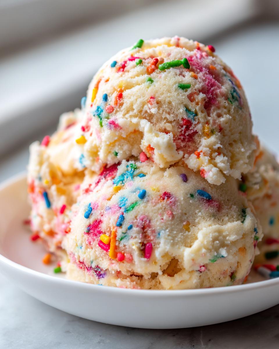 Three scoops of creamy, pale yellow Edible Vegan Funfetti Cookie Dough loaded with colorful sprinkles in a white bowl.
