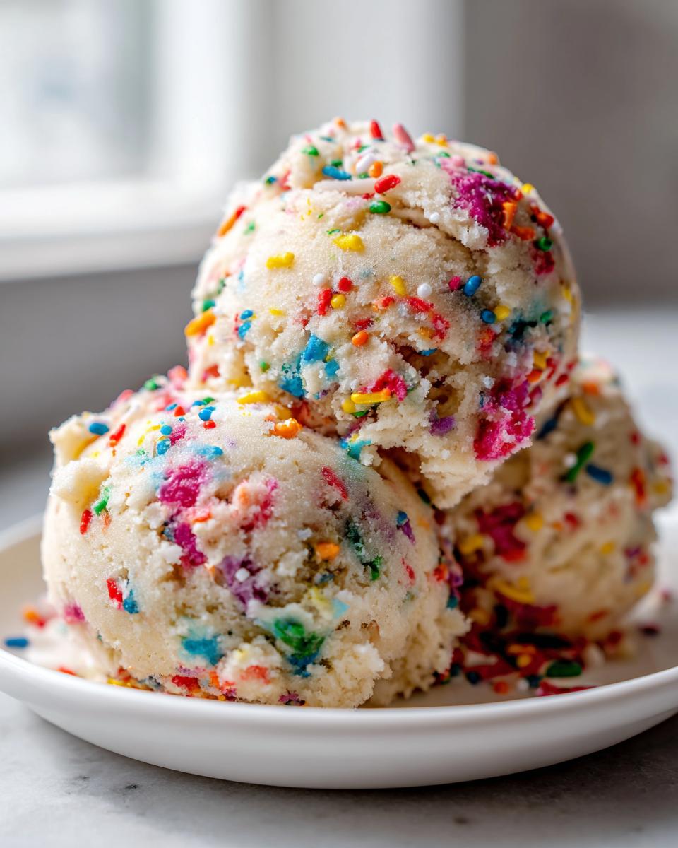 Three scoops of Edible Vegan Funfetti Cookie Dough loaded with colorful sprinkles served on a white plate.
