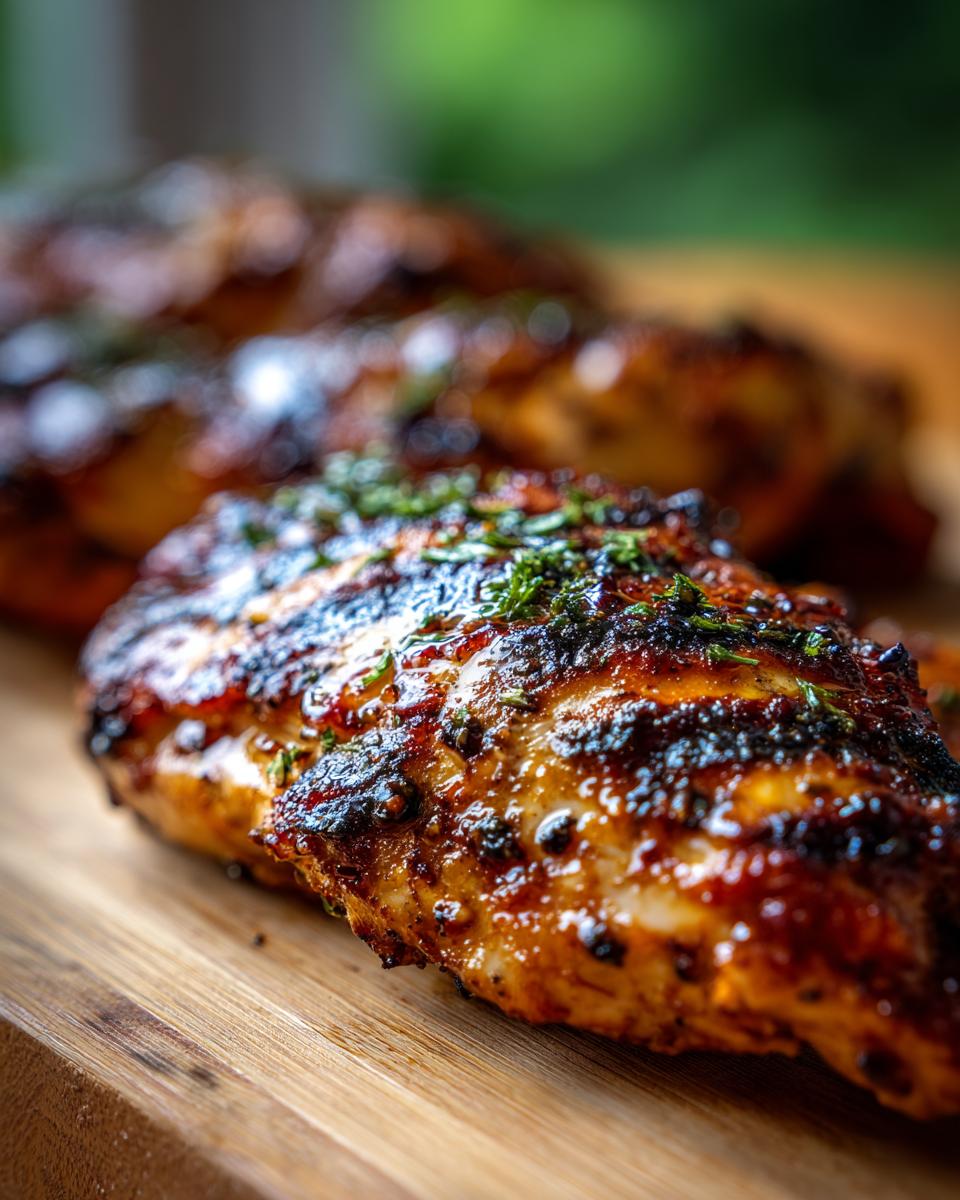 Close-up of juicy, grilled chicken breasts seasoned with herbs, perfect for summer.