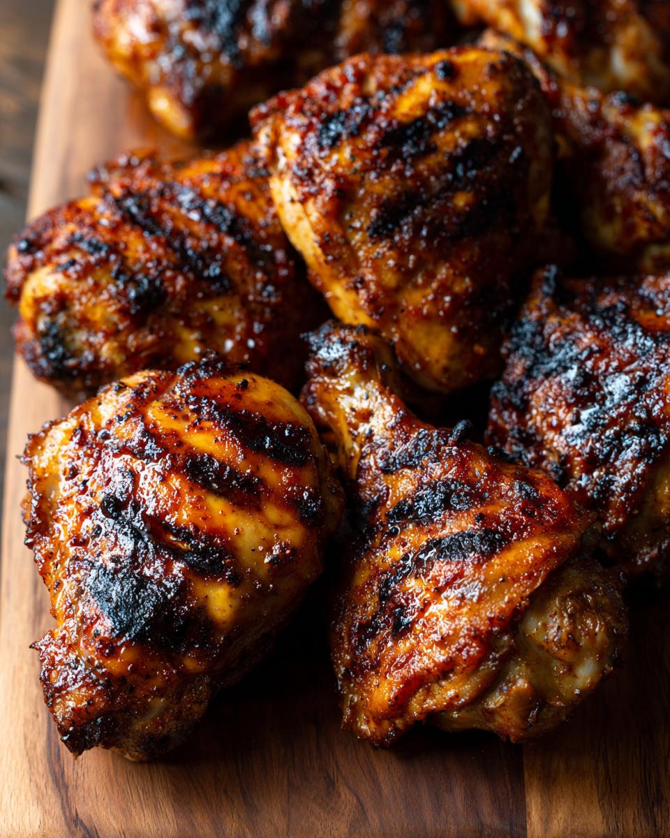 Close-up of perfectly grilled chicken pieces with char marks, ready for a summer feast.