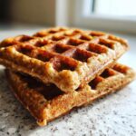 Close-up of two golden-brown Flourless Vegan Banana Oats Waffles stacked on a speckled countertop.