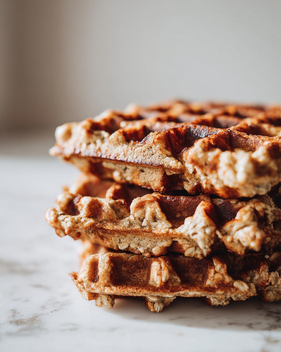 A close-up stack of golden-brown Flourless Vegan Banana Oats Waffles showing texture and oats.