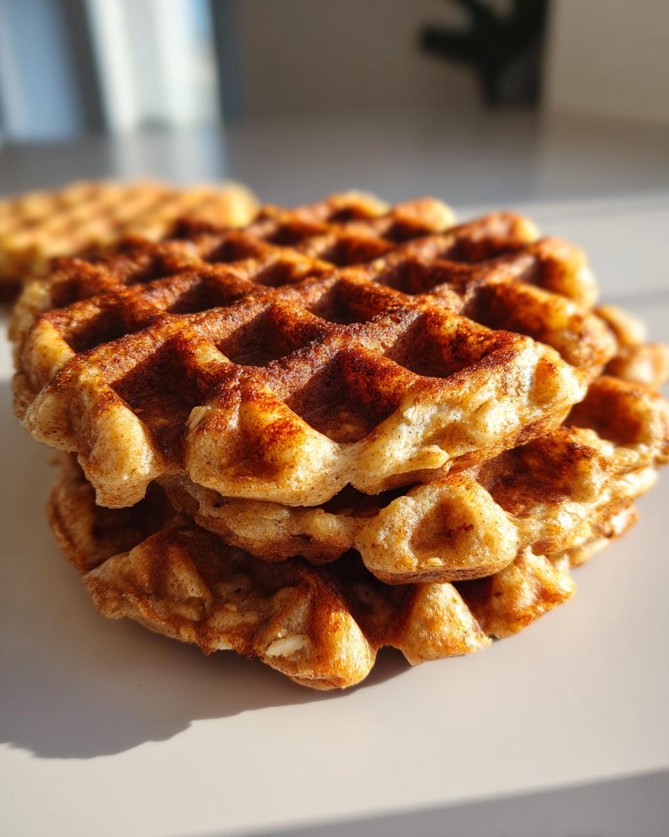 Close-up of a stack of golden brown Flourless Vegan Banana Oats Waffles, lightly dusted with cinnamon.