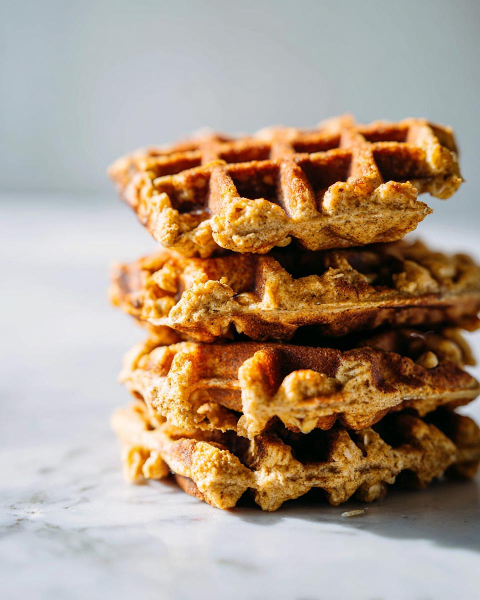 A close-up stack of four golden brown Flourless Vegan Banana Oats Waffles on a white marble surface.