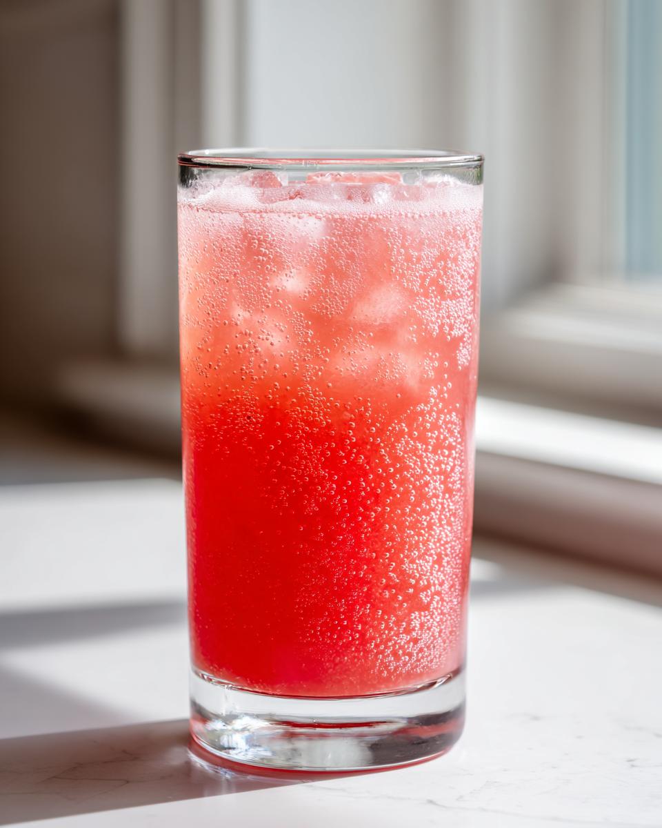 A tall glass filled with bright pink, bubbly Fresh Watermelon Cucumber Mint Juice and ice cubes, backlit by sunlight.