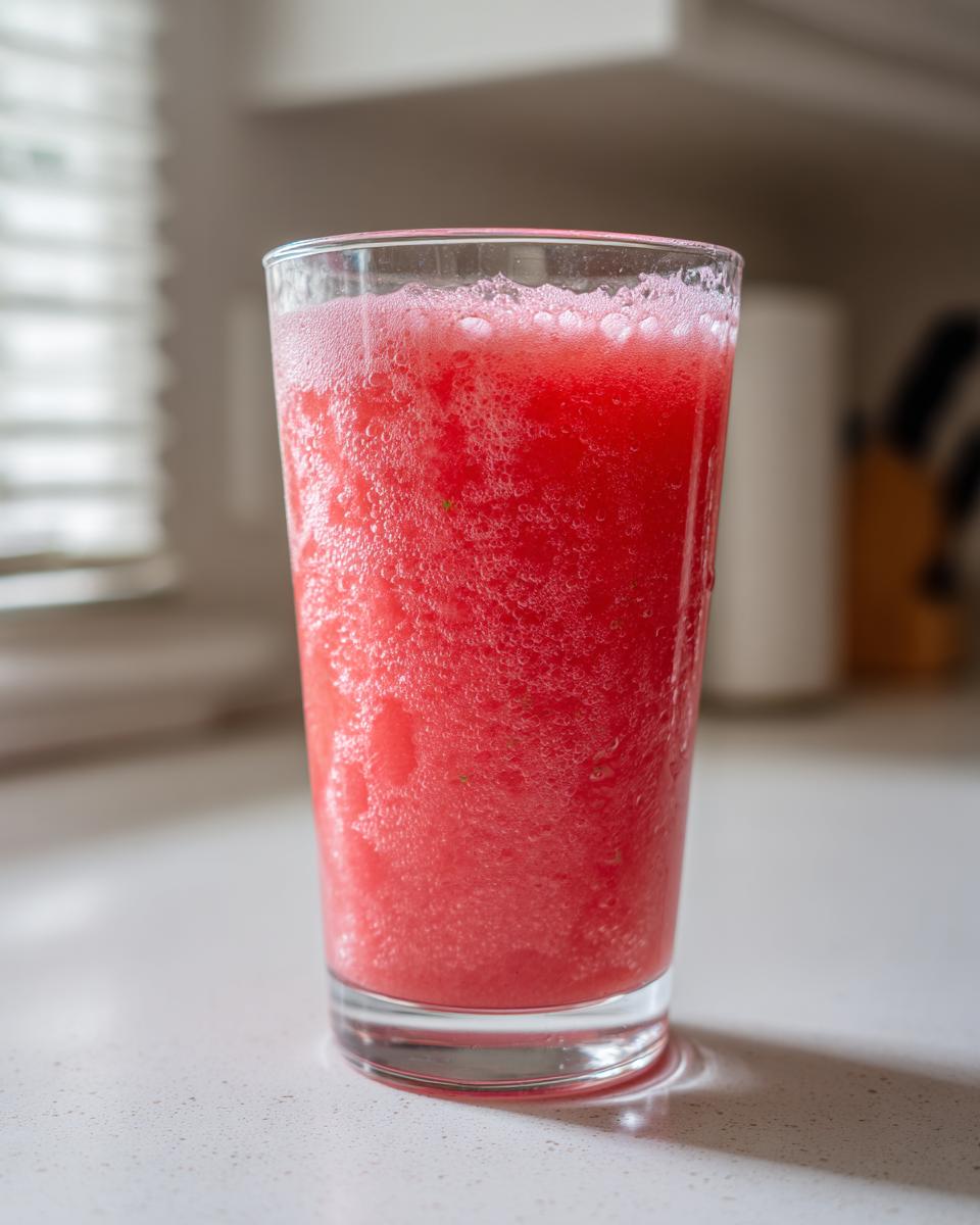 A tall glass filled with vibrant, frothy Fresh Watermelon Cucumber Mint Juice sitting on a white countertop.