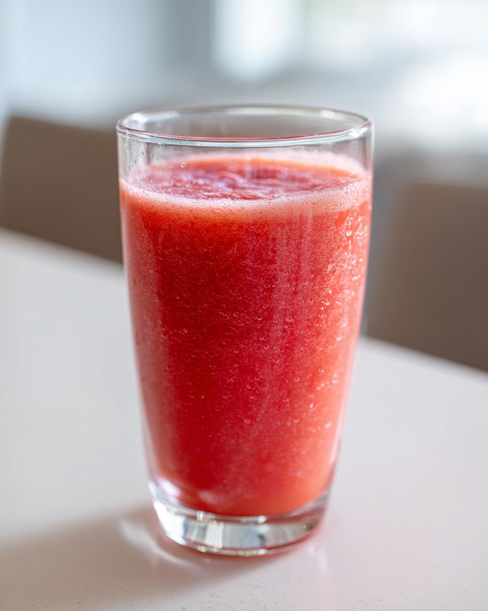 A tall glass filled with vibrant red Fresh Watermelon Cucumber Mint Juice, showing a slightly frothy top.