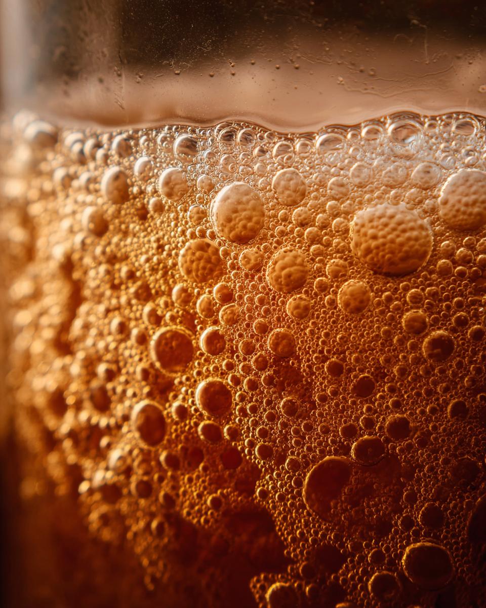 Close-up of effervescent bubbles in a grapefruit apple cider vinegar drink.