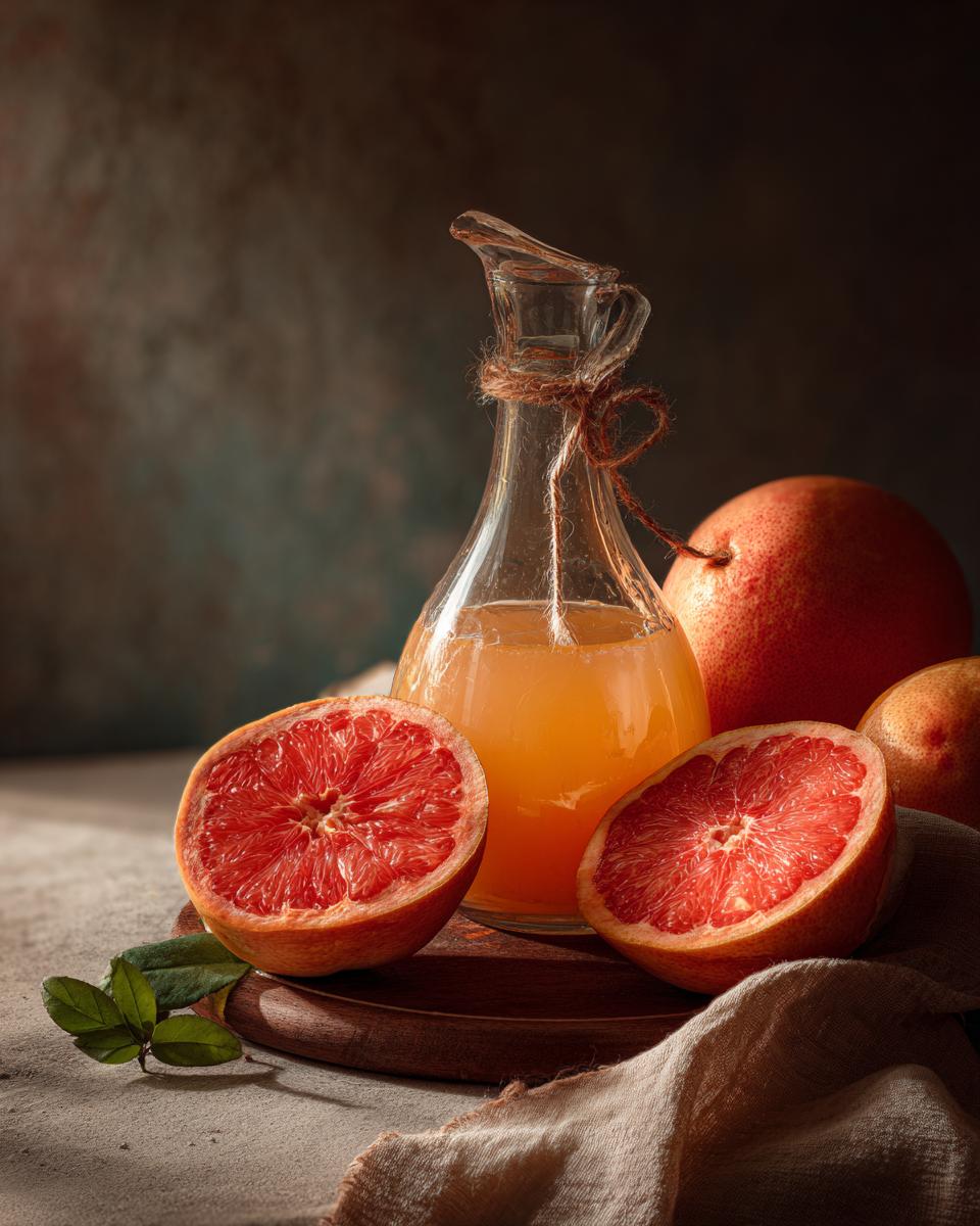 A glass carafe filled with Grapefruit Apple Cider Vinegar Drink, surrounded by fresh grapefruits and a sprig of leaves.