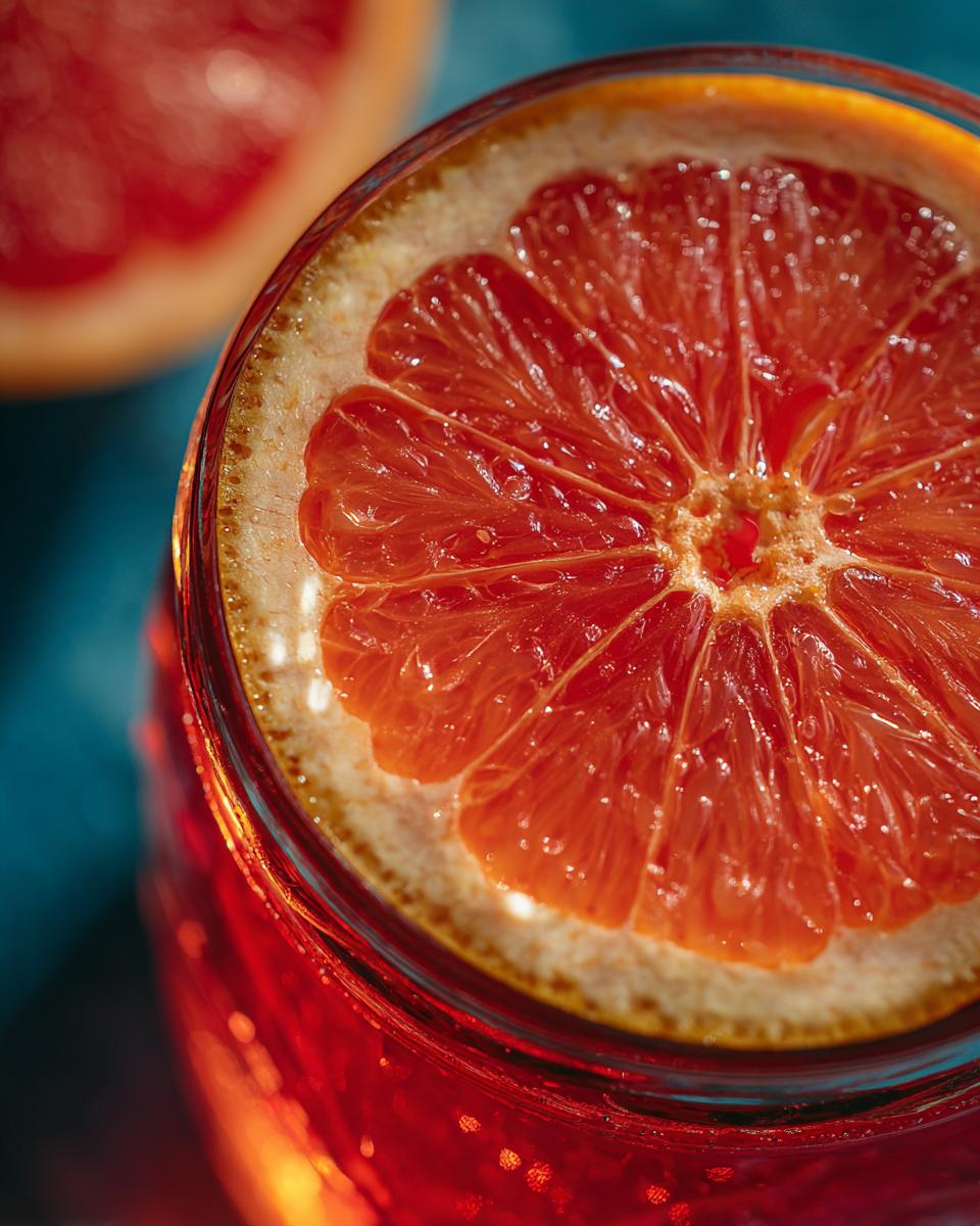 Close-up of a refreshing Grapefruit Apple Cider Vinegar Drink garnished with a slice of grapefruit.