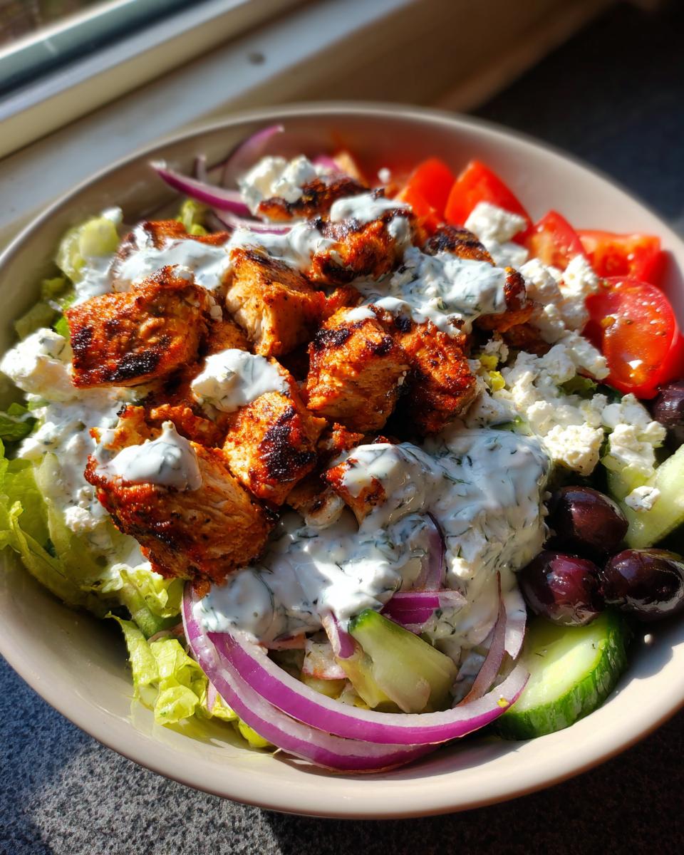 Close-up of Irresistible Greek Chicken Bowls with seasoned chicken, feta, olives, tomatoes, cucumber, red onion, and tzatziki.