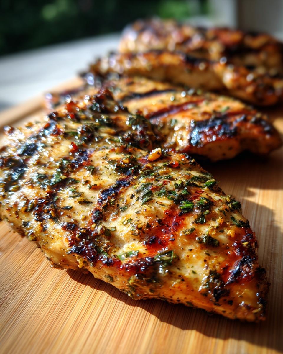 Close-up of juicy, grilled chicken breasts seasoned with herbs and spices, perfect for summer bliss.