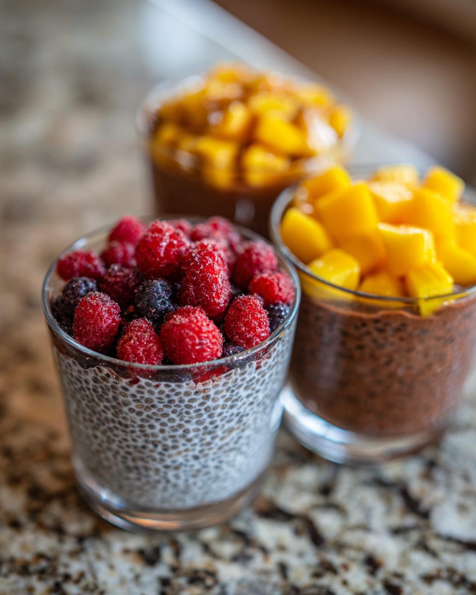Three glasses of healthy chia pudding: one with raspberries and blueberries, one with chocolate chia pudding and mango, and one with chocolate chia pudding and mango.