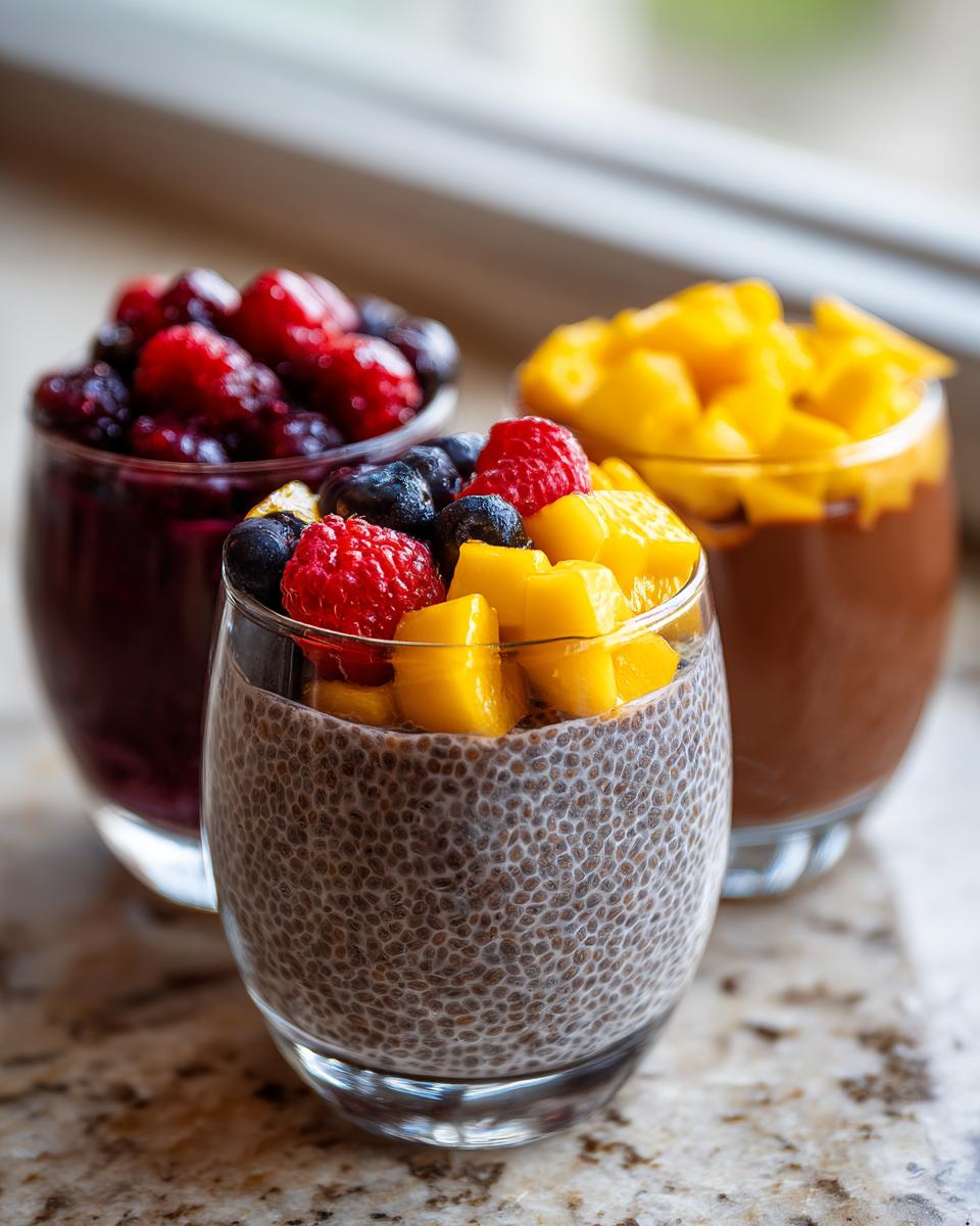 Three glasses of healthy chia pudding topped with fresh berries and mango chunks.