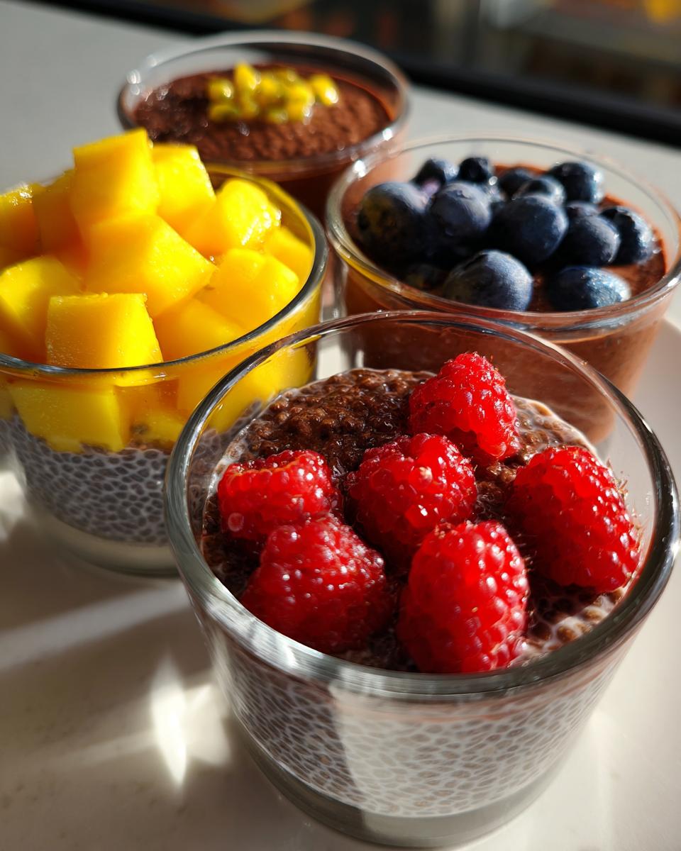 Three glasses of healthy chia pudding: one with raspberries, one with blueberries, and one with mango.