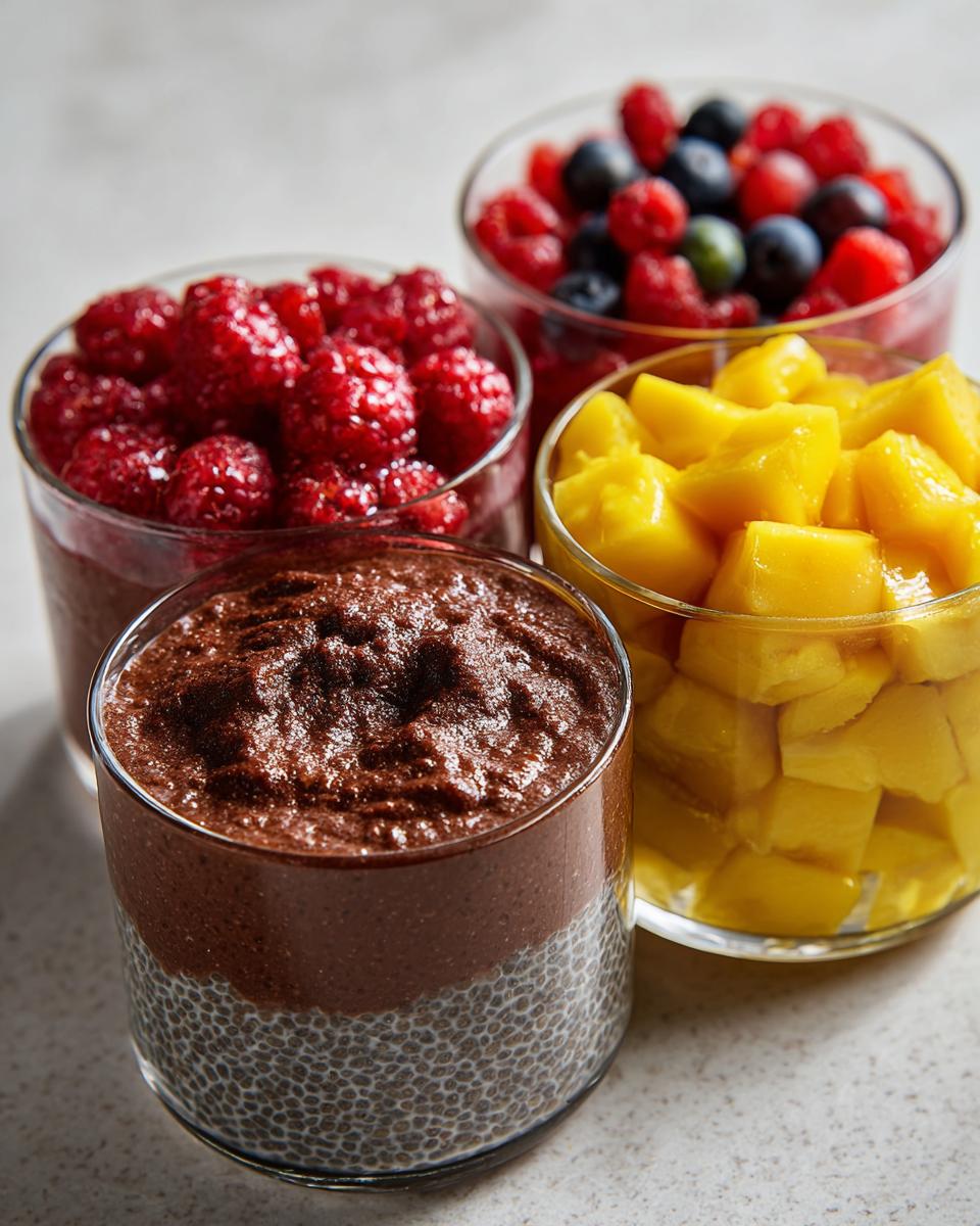 Three glasses of healthy chia pudding: one chocolate flavored, one topped with raspberries and blueberries, and one with diced mango.