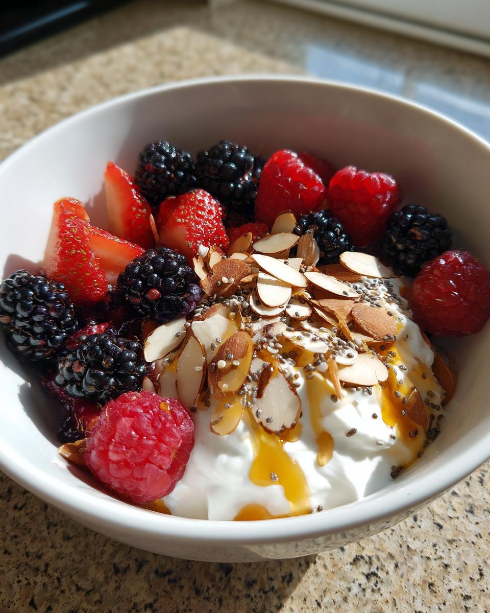 A close-up of a Healthy Greek Yogurt Breakfast Bowl topped with berries, sliced almonds, chia seeds, and honey.