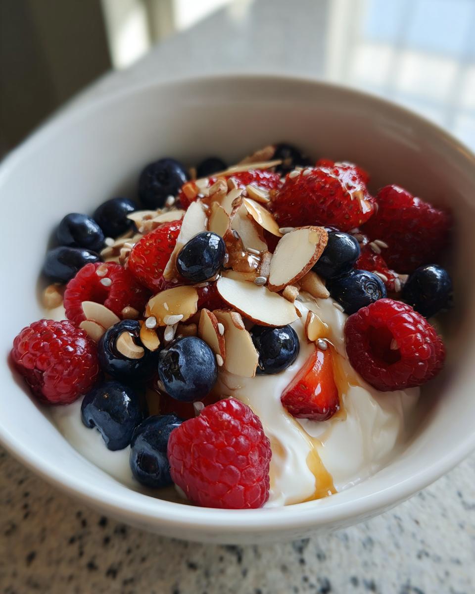 Close-up of a Healthy Greek Yogurt Breakfast Bowl topped with fresh berries, sliced almonds, and honey drizzle.