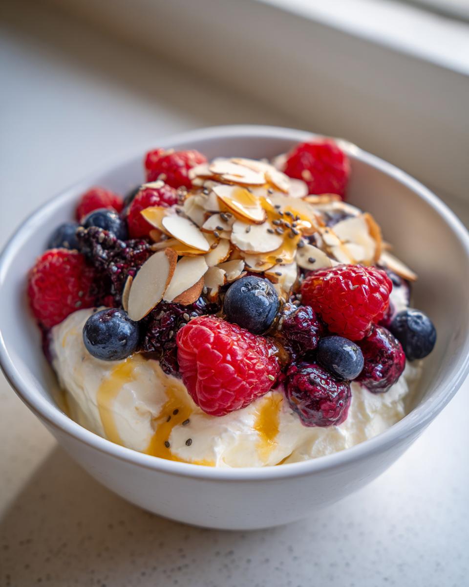 A close-up of a Healthy Greek Yogurt Breakfast Bowl topped with mixed berries, sliced almonds, chia seeds, and honey.