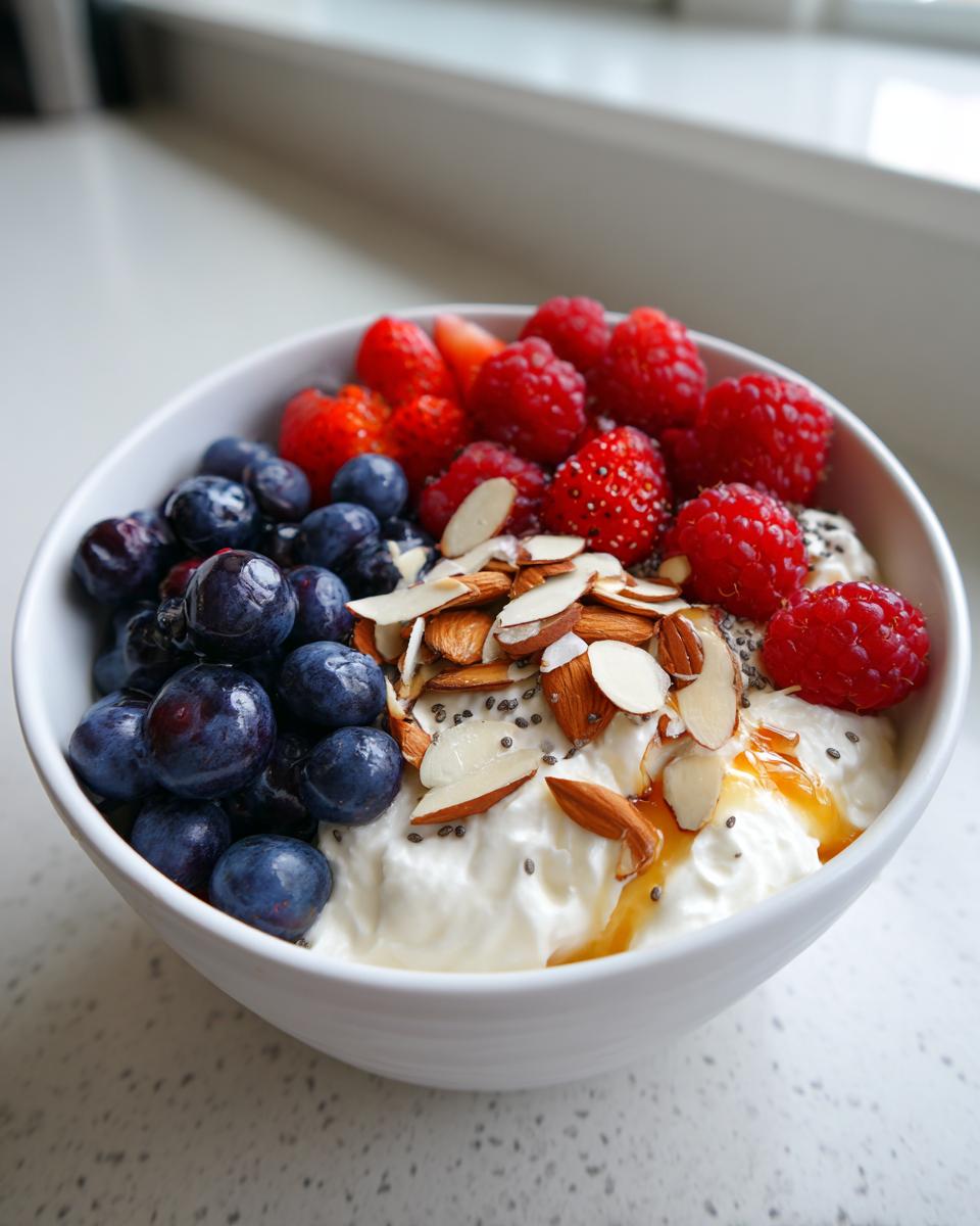 A close-up of a Healthy Greek Yogurt Breakfast Bowl topped with blueberries, raspberries, sliced almonds, and chia seeds.