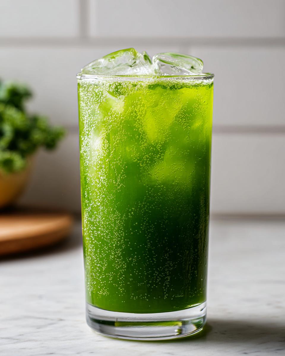 A tall glass filled with vibrant green Healthy Kale Lemonade and ice, with tiny bubbles rising.