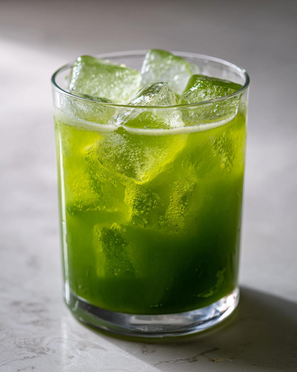 A close-up of a glass filled with vibrant green Healthy Kale Lemonade and ice cubes.