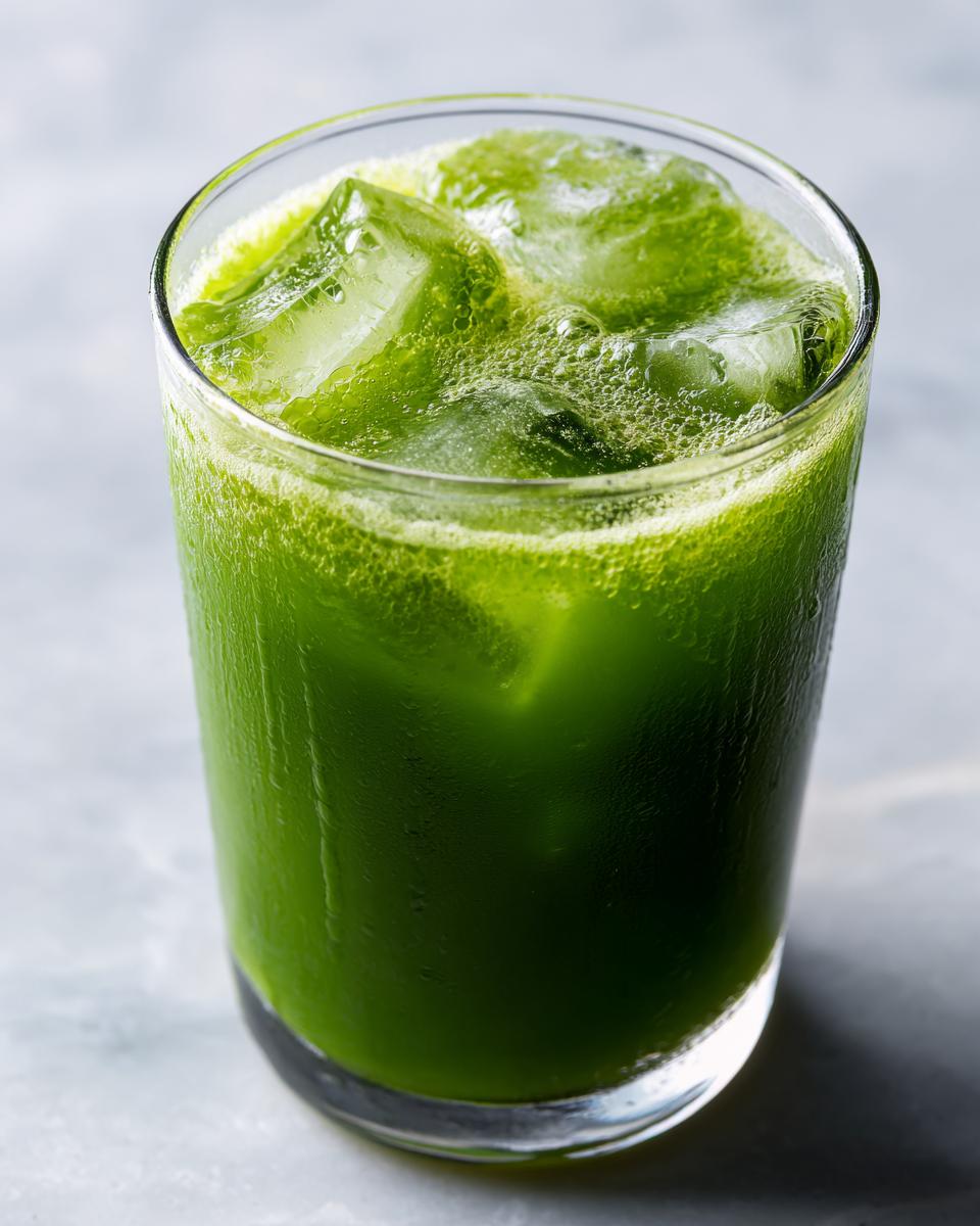 A tall glass filled with vibrant green Healthy Kale Lemonade and ice cubes, with a frothy top.