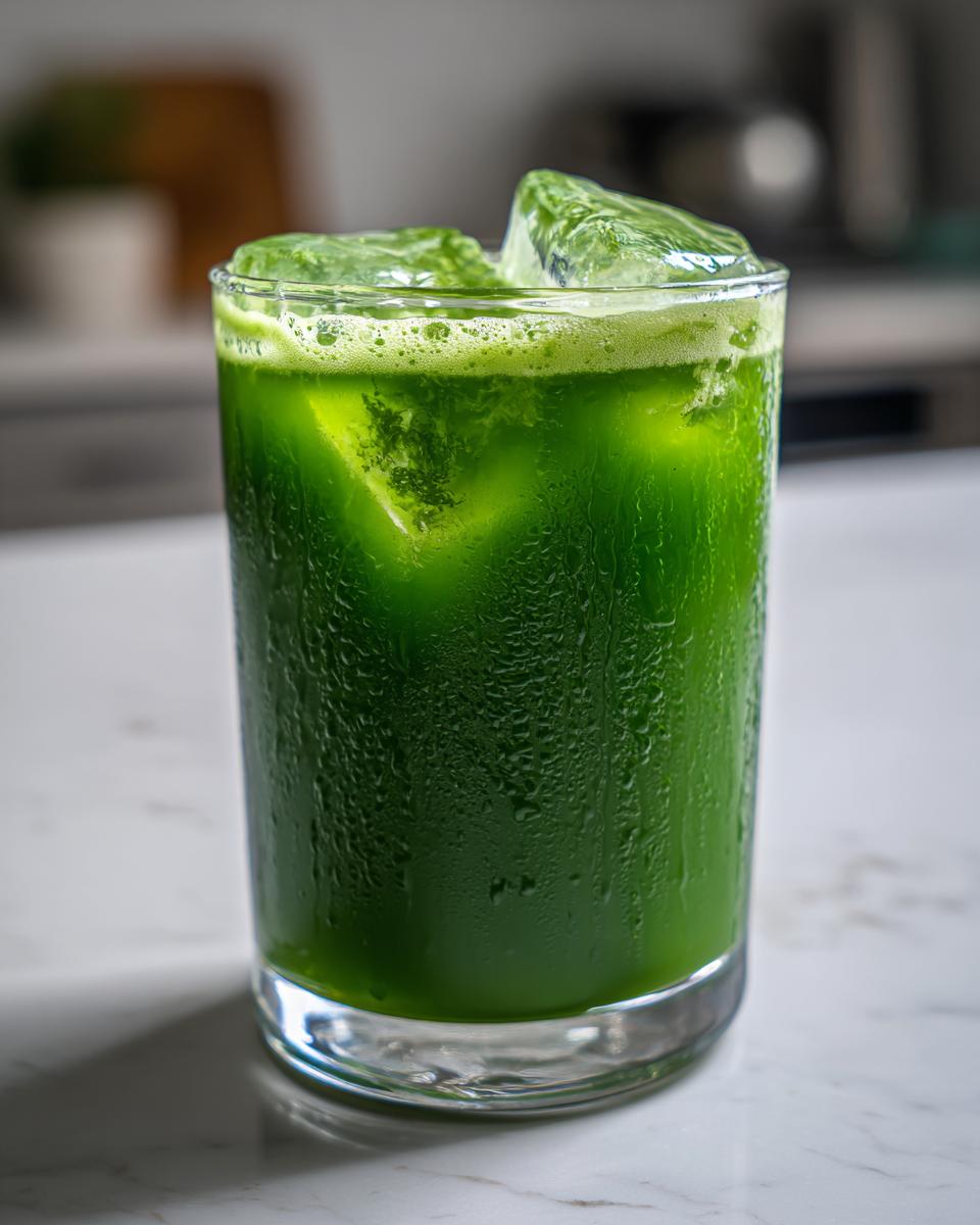 A tall glass filled with vibrant green Healthy Kale Lemonade and ice cubes, condensation on the glass.