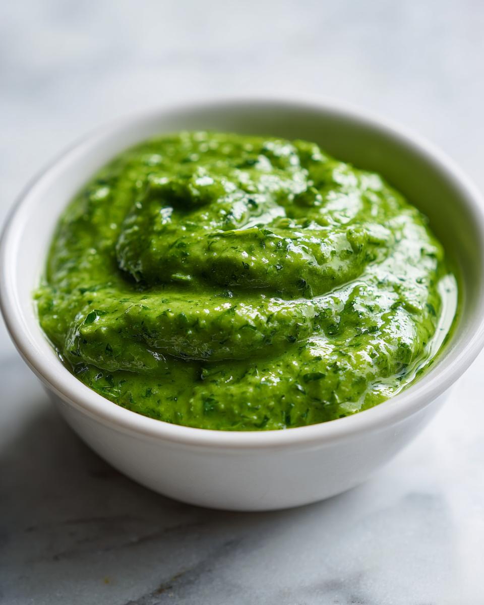 Close-up of thick, vibrant Homemade Green Goddess Dressing in a small white bowl.