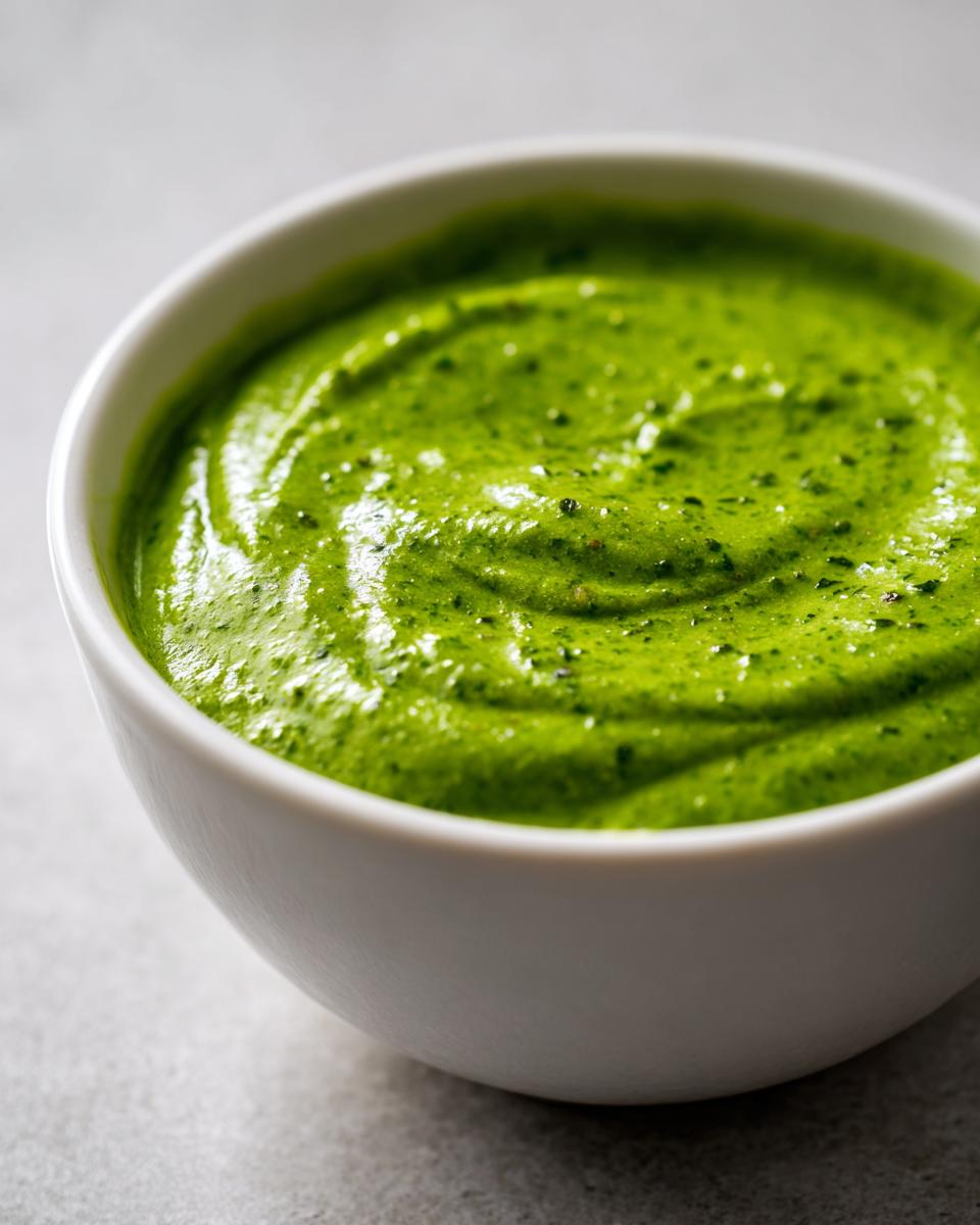 Close-up of thick, vibrant green Homemade Green Goddess Dressing swirled in a small white bowl.